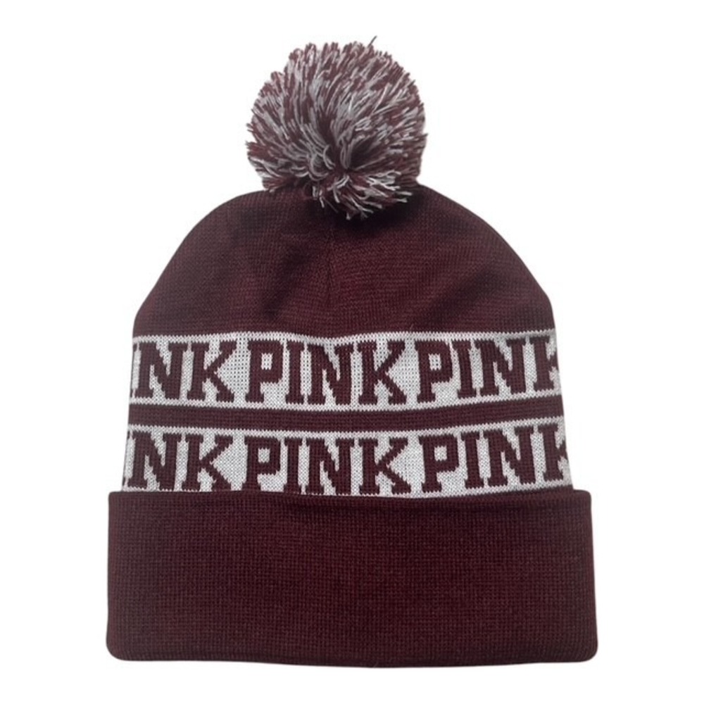 Victoria's Secret PINK Pom-Pom Beanie Maroon/ White Knit Folded Cuff Warm-2281